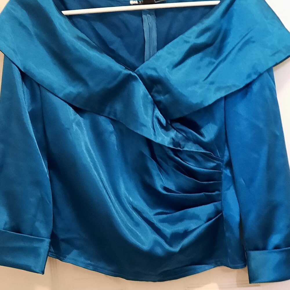 Brand New JS Boutique Metallic Bahama Blue Rushed Front Blouse